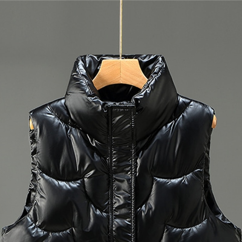 Womens Sleeveless Warm Puffer Vest Outerwear Stand Collar Zipper Up Shiny Solid Padded Gilet Waistcoat with Pockets D10_voghion.com