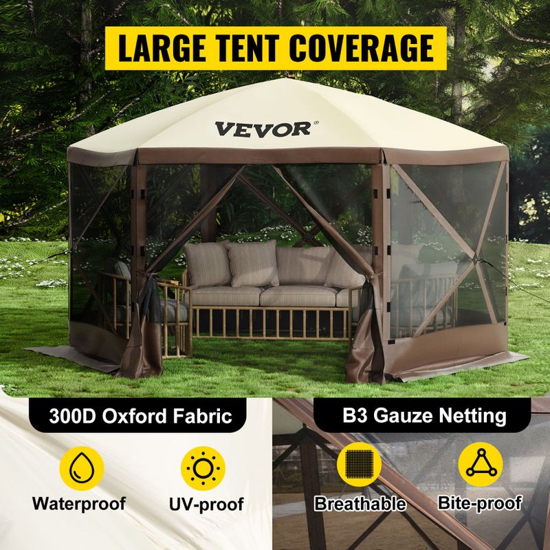 VEVOR Camping Gazebo Screen Tent; 12*12ft; 6 Sided Pop-up Canopy Shelter Tent with Mesh Windows; Portable Carry Bag; Stakes_voghion.com
