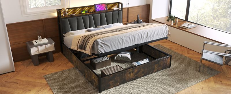 Cadre de lit en métal Polsterbett avec éclairage LED et application de contrôle pour lit double 140 x 200 cm, tête de lit et matelas à chargement USB inclus_voghion.com