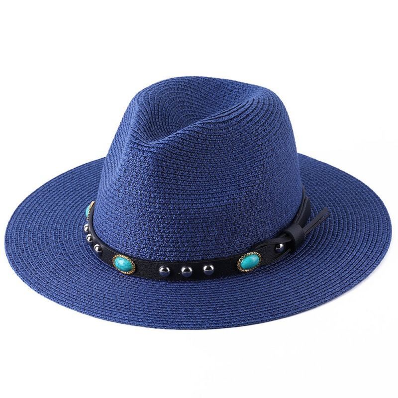 Cappello a cilindro da jazz a tesa piatta in stile europeo e americano, da uomo e da donna, Panama, con visiera estiva e rivetti gioiello_voghion.com