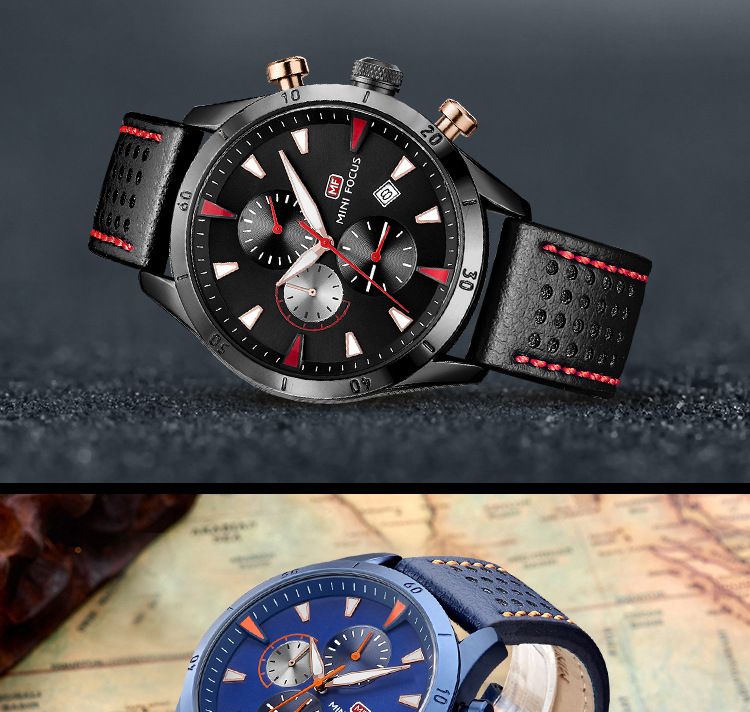 Men's Watch/Watch/Real Three Eyes Six Needles/Calendar Waterproof/Genuine Leather Strap 0011G_voghion.com