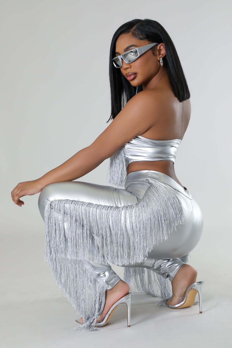 Women's sexy bust-wrapped tassel slim trousers two-piece nightclub suit_voghion.com