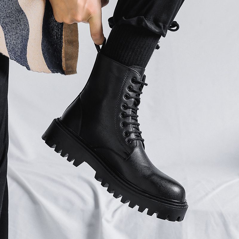 Popularne w Internecie Martin Buty męskie wysokie Modne na wiosnę i jesień Brytyjski styl Retro Średniej wysokości skórzane buty_voghion.com