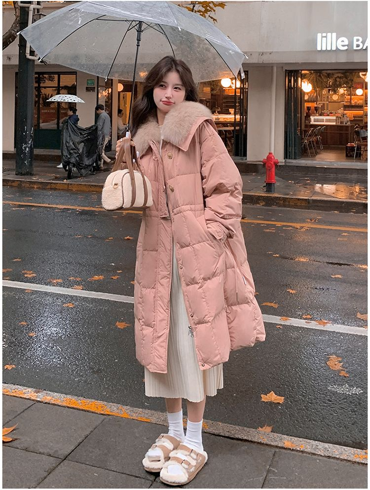 Milk Hoo Pink Large Feather Collar Down Cotton Coat For Women's Winter 2023 New Korean Edition Mid Length Fashionable_voghion.com