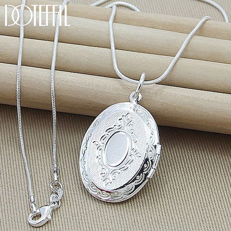 Ready Stock DOTEFFIL Sterg Sier Oval Round Photo Frame Pendant Necklace 18/20-28/30 Inch Snake Chain For Woman Man Wedding Jewelry_voghion.com