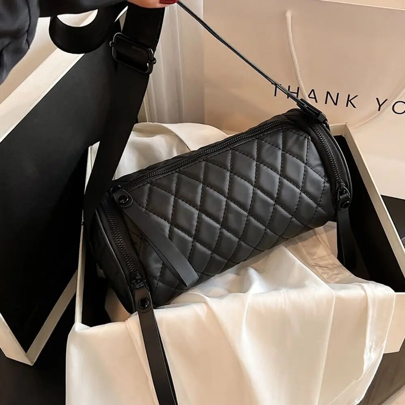 Borsa a tracolla con tracolla a spalla singola con cerniera alla moda a cilindro rotondo con cerniera alla moda, a grande capacità, maschio_voghion.com