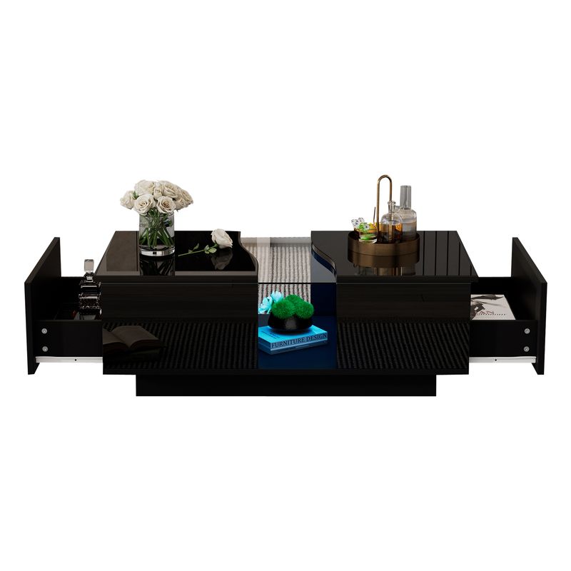 Table basse moderne à LED avec 2 tiroirs, 100 x 50 x 35 cm, plateau en acrylique noir brillant avec éclairage LED, table d'appoint en MDF pour salon et chambre._voghion.com