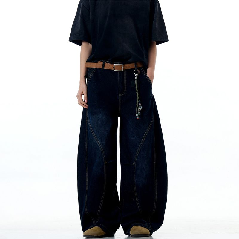 Ins American Washed Deconstructive Curved Knife Jeans, Trendy merk losse blauwe sikkelbroek voor heren en dames_voghion.com