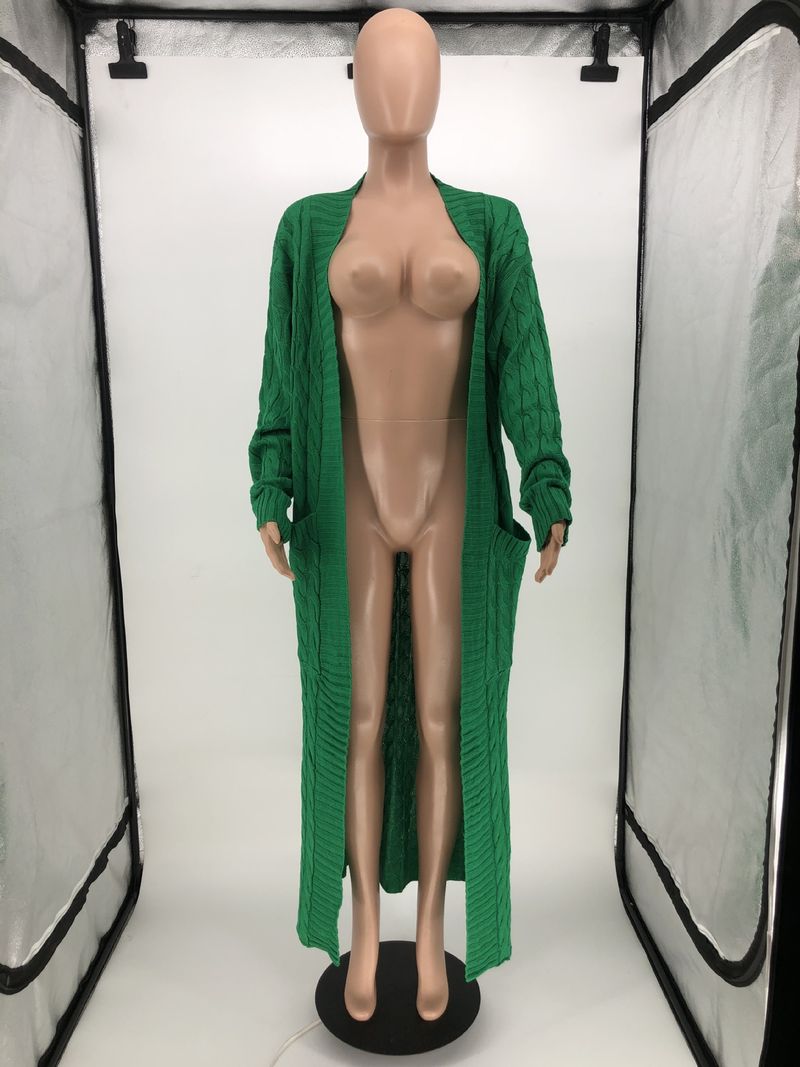 Damenbekleidung Locker gestrickte Strickjacke, gemütliche, übergroße Strickjacke mit Taschen, langer Zopfmuster-Pullovermantel, lockerer Boho-Chic, offene Vorderseite_voghion.com