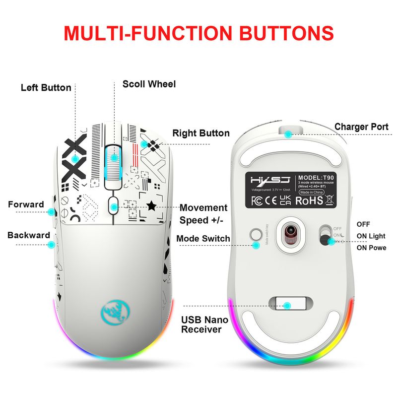 3 Modi Bluetooth-Gaming-Maus, Wiederaufladbar, 2,4 G USB, Kabellos, RGB-Hintergrundbeleuchtung, Maus Für IPad, Tablet, Laptop, Computer_voghion.com