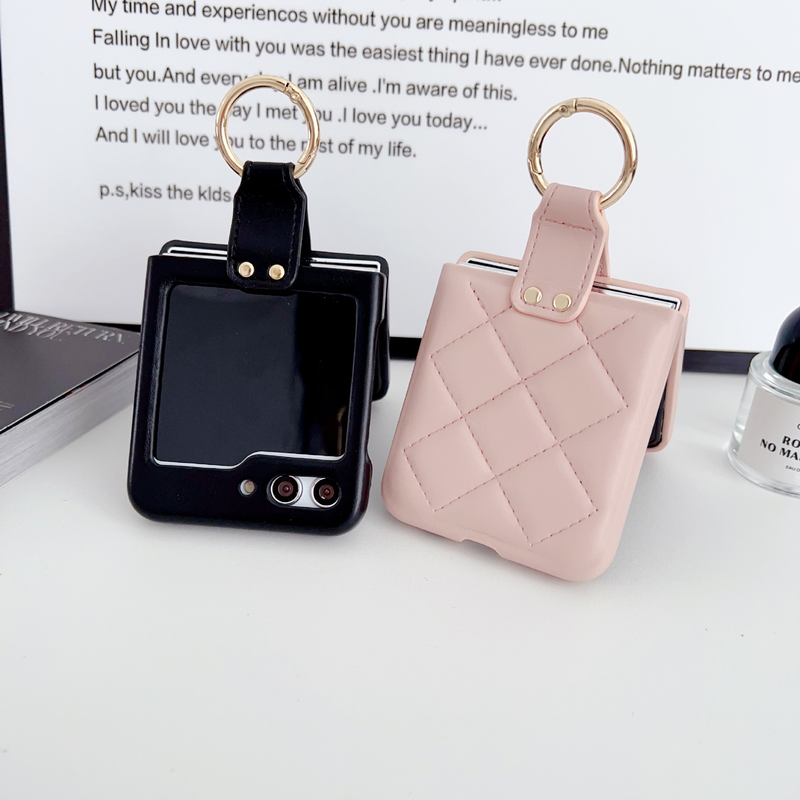 Mobile phone case for Samsung zflip5 plaid ins style mobile phone case plain leather new folding belt ring protective cover leather_voghion.com