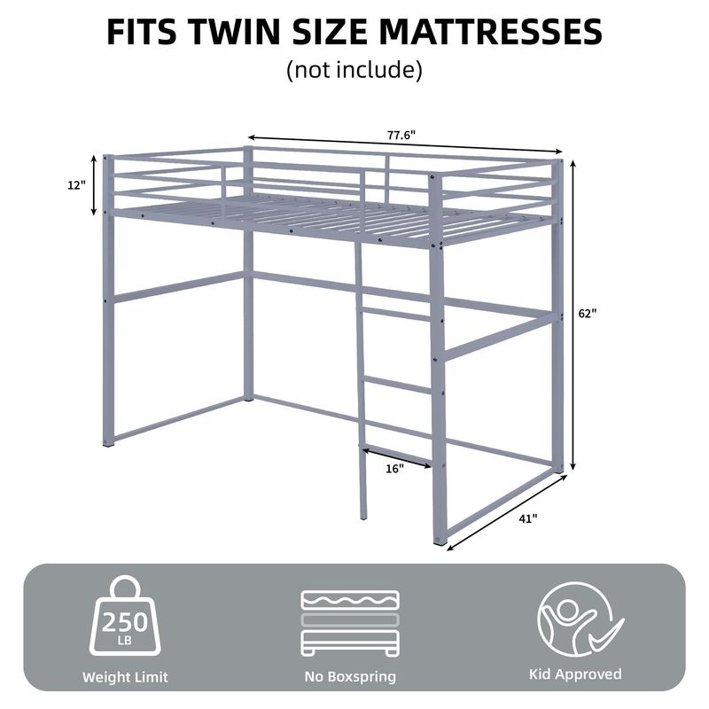 Metal Loft Bed Twin Size, Loft Bed Frame With Safety Guard Rails & Flat Ladder, Twin Loft Bed For Kids Teens Adults, Gray_voghion.com