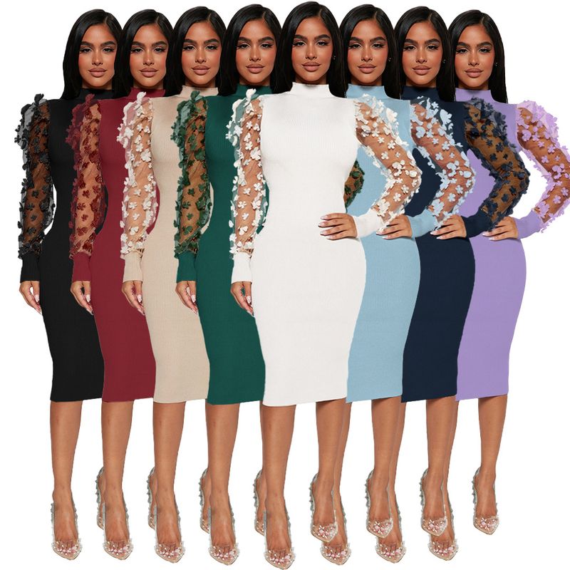 Abbigliamento da donna Elegante abito a coste con maniche in rete floreale e colletto a petalo 3D per donna_voghion.com