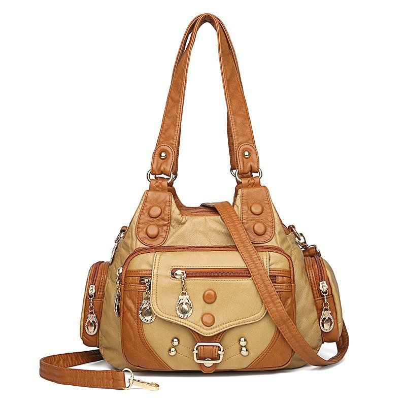 Borsa da donna in pelle lavata di alta qualità, borsa tote in morbida pelle con rivetti retrò, borsa a tracolla multitasche di grande capacità_voghion.com