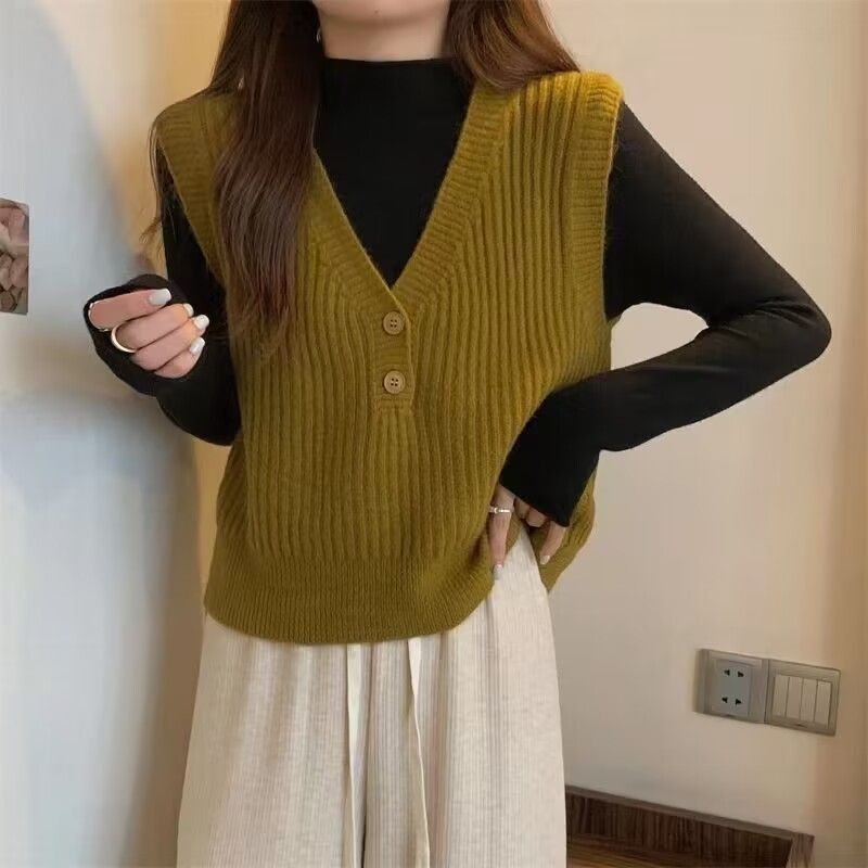 Französische kurze Strickweste für Damen, Herbst- und Winterdesign, Lagenkleidung, ärmelloser Pullover mit V-Ausschnitt, Lazy Style_voghion.com