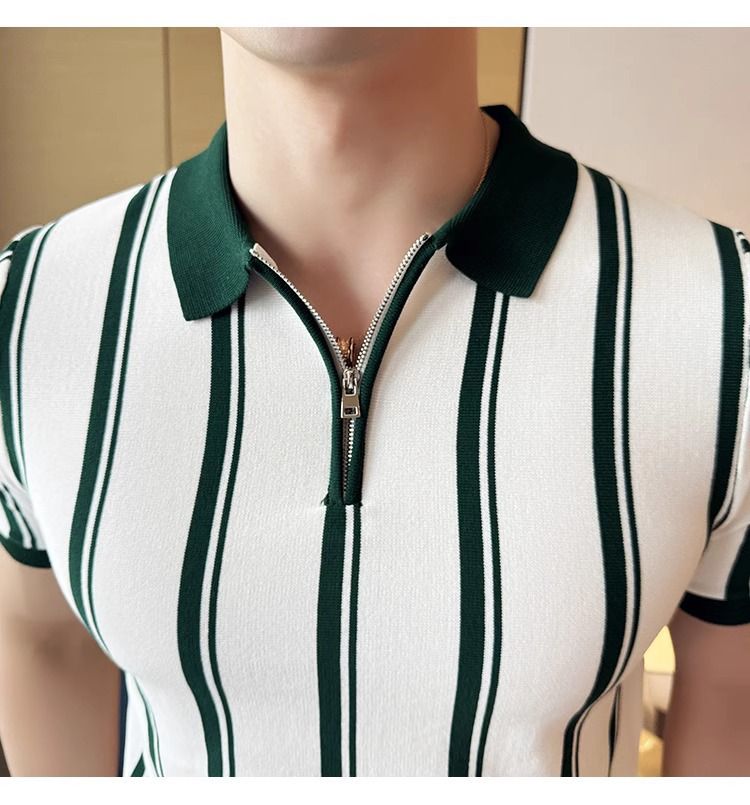 Abbigliamento maschile Polo da uomo in seta lavorata a maglia di alta qualità, a maniche corte, stile estivo, alla moda, a righe, con cerniera_voghion.com