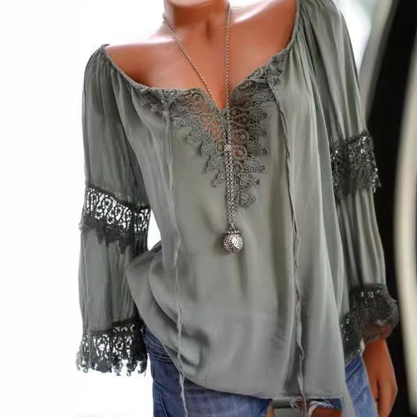 Schulterfreie Bluse mit Spitzenbesatz – Atmungsaktives, leinenähnliches Langarm-Top mit Bindedetail (Weiß/Schwarz/Rosa/Rot/Grau/Braun, S-XXL, Boho & Casual)_voghion.com