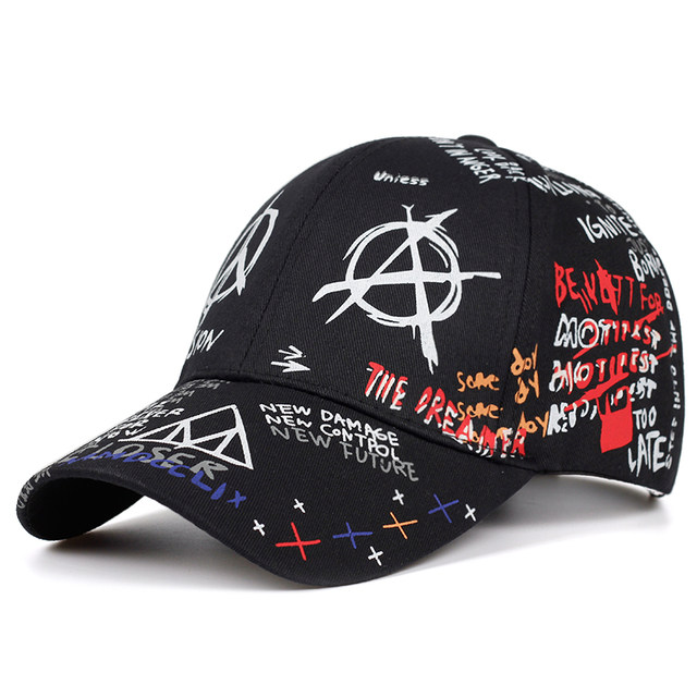 Uus grafititrükiga pesapallimüts 100% puuvillast moodne vabaaja müts meestele ja naistele reguleeritavad päikesemütsid hiphop-isa mütsid_voghion.com