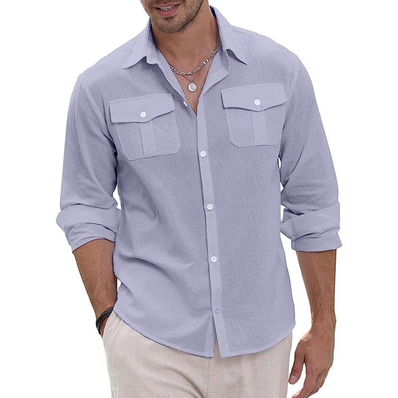 Herren Leinen Button Down Sommer Strand Casual Einfarbig Baumwolle Langarmhemd Tops_voghion.com