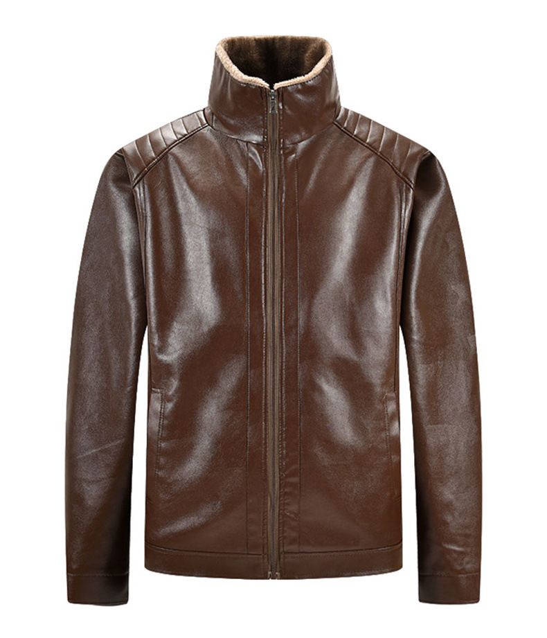Giacca in similpelle da uomo con fodera in pile – Bomber invernale con collo alto (L-5XL, nero/marrone)_voghion.com