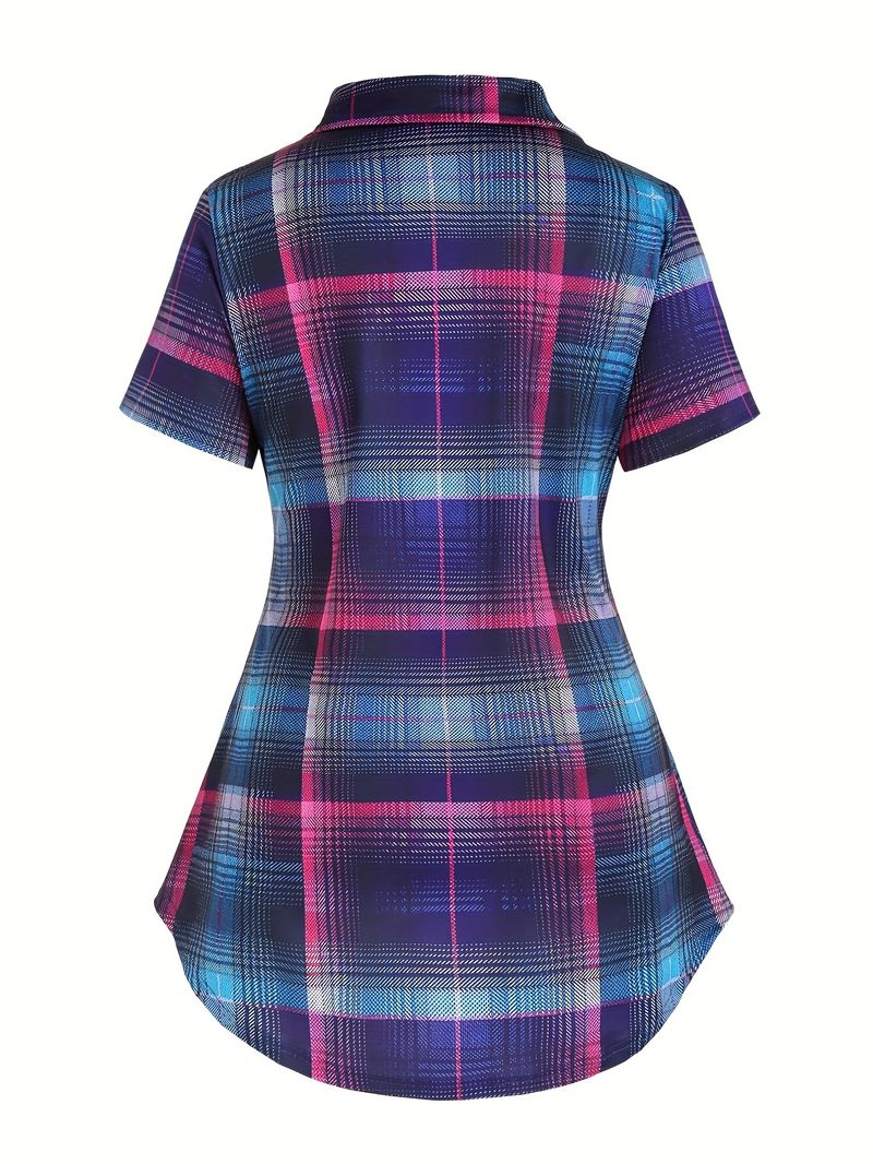 Abiti casual taglie forti, set da due pezzi, maglietta elasticizzata media con colletto rovesciato a quadri da donna, vita alta, manica corta, orlo a bandana e Criss Cross C_voghion.com