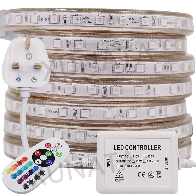 Dimmable 5050 SMD RGB LED Strip Rope Tape 220V Waterproof IP67 UK Plug + Remote_voghion.com