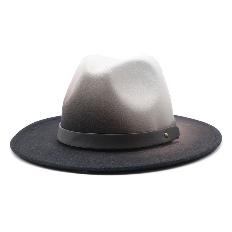 Gradient black woolen top for men and women, flat large brimmed hat, jazz hat_voghion.com
