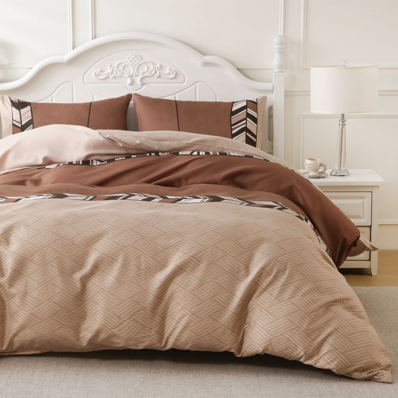 Brown Tribal Striped Duvet Cover Set - 3-Piece Boho Bedding (Wave Texture Rustic Style King/Queen Size Soft & Breathable Cotton)_voghion.com