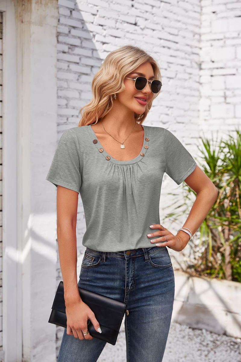 Women's fashion new button square collar pleated solid color loose T-shirt_voghion.com