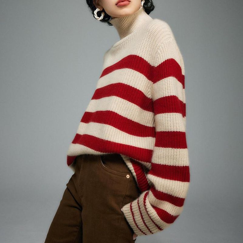 Gestrickter Damenpullover im Herbst und Winter, neues Produkt, koreanischer gestreifter Lazy-Style, warmer, halbhoher Halsausschnitt, lockerer Pullover_voghion.com