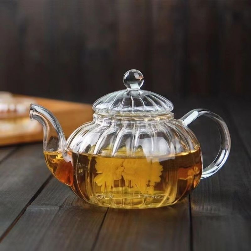 Striped Flower Teapot Thickened Glass Heat Resistant Explosion Proof Teapot Pumpkin Pot High Borosilicate High Temperature Resistant Flower Teapot_voghion.com