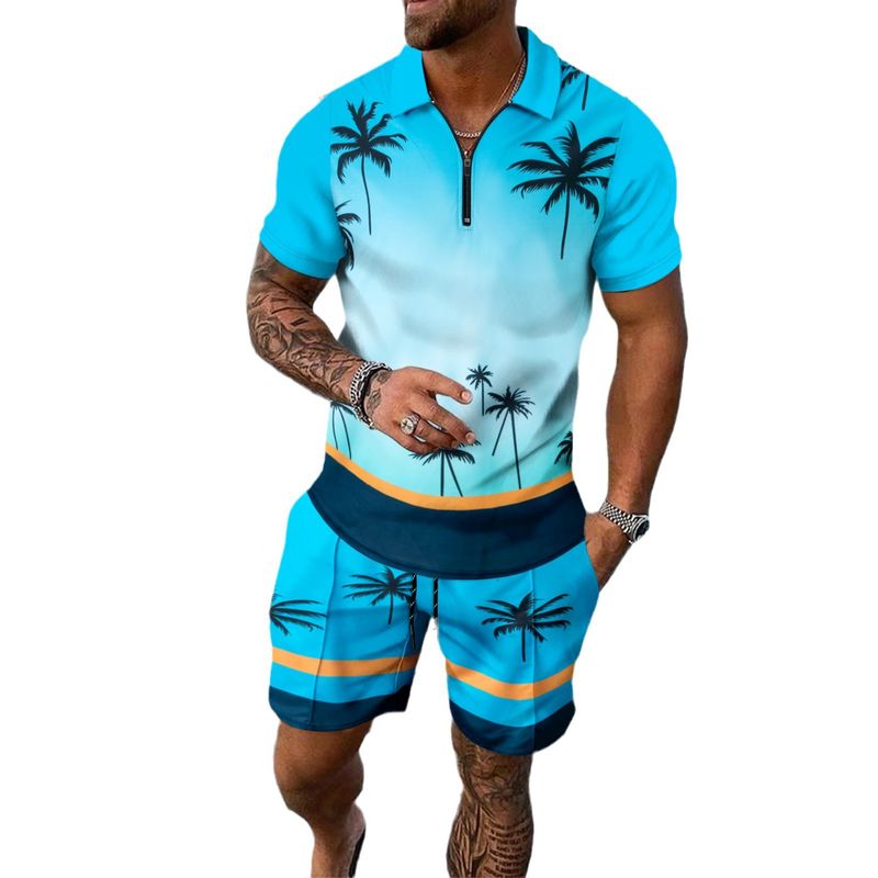 Unbeatable Quality Summer Plus Men's 3D Printed Short Sleeved Shorts Vacation Beach Coconut Tree Casual Polo Shirt Set_voghion.com