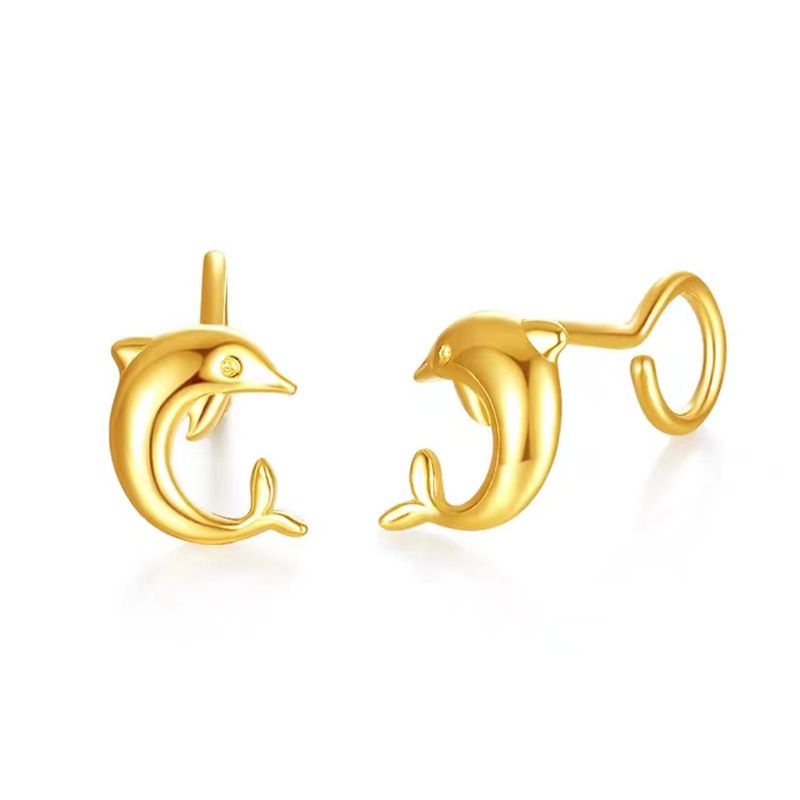 Orecchini a bottone con delfino d'oro e amore, design femminile, orecchini con gancio curvo, regalo in oro per la fidanzata, fabbrica all'ingrosso_voghion.com