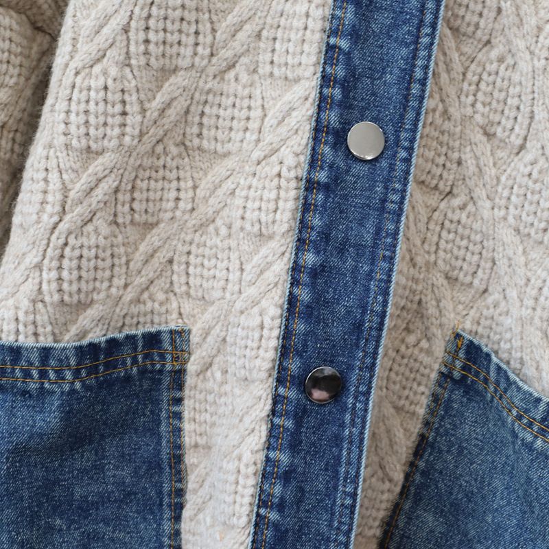 Cardigan lungo in maglia di jeans con cuciture larghe, stile casual, per donna, autunno e inverno, nuovo coreano_voghion.com