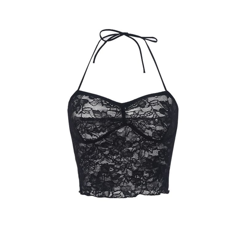 Sexy Spitzen-Bralette-Top – Rückenfreies Camisole aus transparentem Netzstoff mit Bindedetail | Blumenmuster, dehnbar und atmungsaktiv | Clubwear (Schwarz, S/M/L)_voghion.com