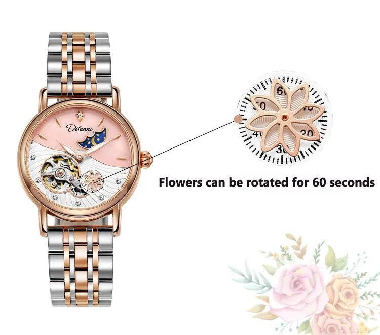 Drehbare Blumen Weibliche Uhr Frauen Top Marke Luxus Mode Mond Phase Wasserdicht Dame Automatische Mechanische Uhren Reloj_voghion.com