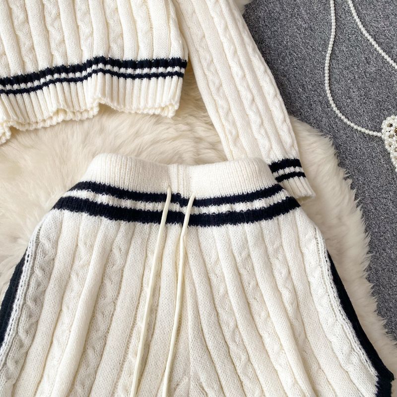 Women's Clothing Autumn and winter lazy style loose lapel striped sweater + high waist slim wide leg shorts knitted suit_voghion.com