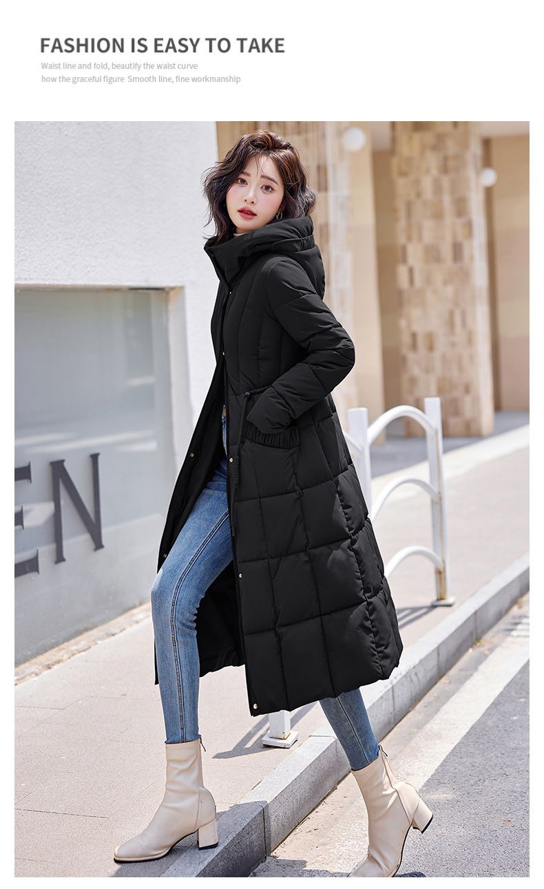Elegant Long Puffer Coat For Women – Slim-Fit Belted Hooded Winter Jacket With Knee-Length Warmth_voghion.com