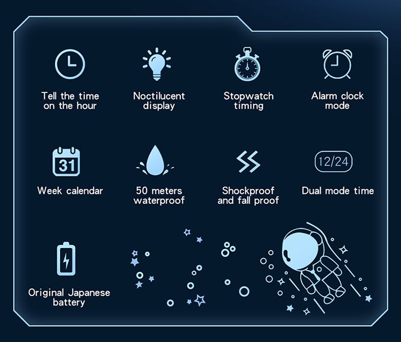 Orologio sportivo digitale unisex con display LED, lancette luminose, impermeabile fino a 50 m, cinturino in TPU leggero per uomo e donna, orologio da astronauta per ragazzi_voghion.com