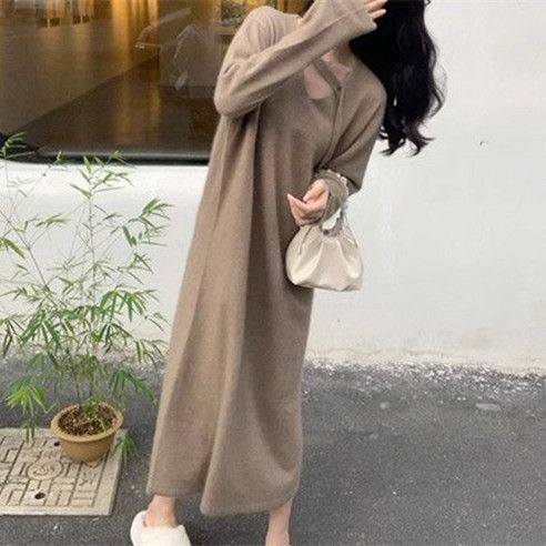 French Style Knitted Autumn Winter New Slim Waist Inner Layer Base Long Soft V-Neck Sweater Dress Coat_voghion.com