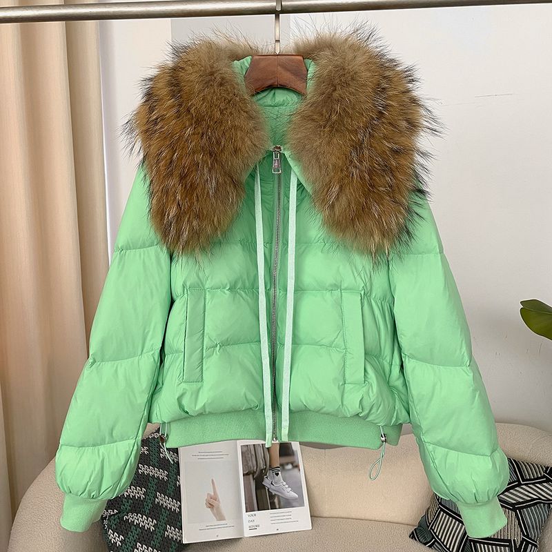 Women's Clothing Ready to stock detachable oversized raccoon fur collar winter women's short thickened white duck Warm jacket jacket flat coat coat_voghion.com