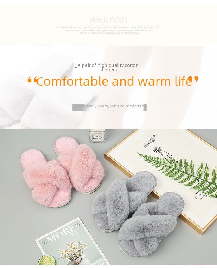 Pantofole transfrontaliere invernali in peluche con cintura incrociata in cotone, calde e soffici, da donna, alte e basse, con pelo di coniglio grande_voghion.com