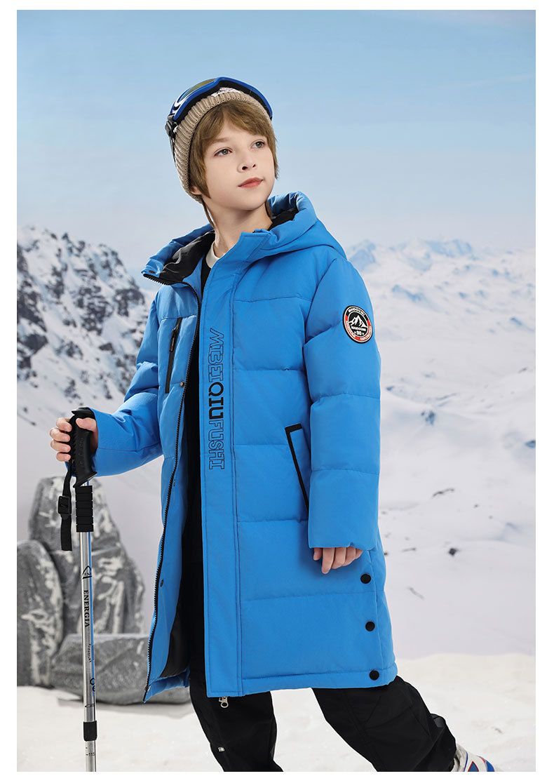 Mother & Kids Warm Kids Down Jacket With Hood, Long Length Winter Coat For Boys & Girls, 50%-55% White Duck Down Filling, Soft Polyester Shell_voghion.com
