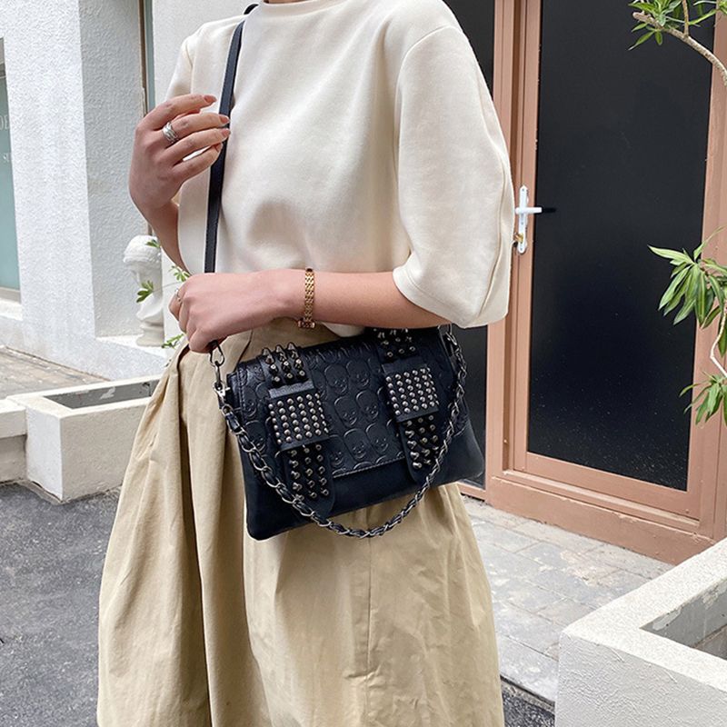 Vintage Skull Rivet Shoulder Women PU Leather Black Crossbody Designer Flap Messenger Bag New Fashion Lady Handbag Bolso_voghion.com