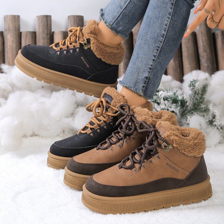 Damen Winterstiefel aus Baumwolle, warm, modisch, zum Schnüren, Schneestiefel, lässig, bequem, bis zur Mitte der Wade, mit Kunstfellfutter, rutschfeste Gummisohle_voghion.com
