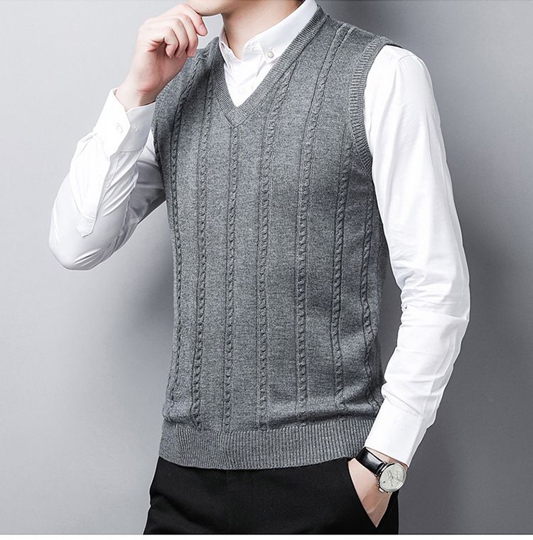 Herren Herbst und Winter Neue Strickweste mit V-Ausschnitt Lässiger Pullover Einfarbig Ärmellos Verdrehte Pulloverweste Unterhemd_voghion.com