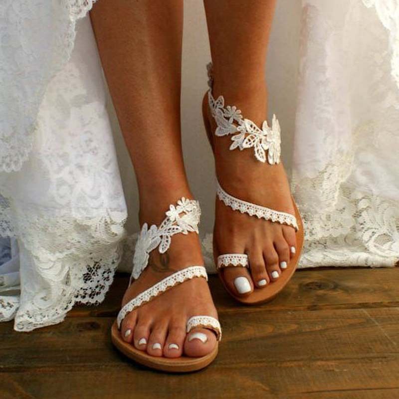Sandali romani casual piatti con motivo floreale bohémien, taglie forti, da donna_voghion.com