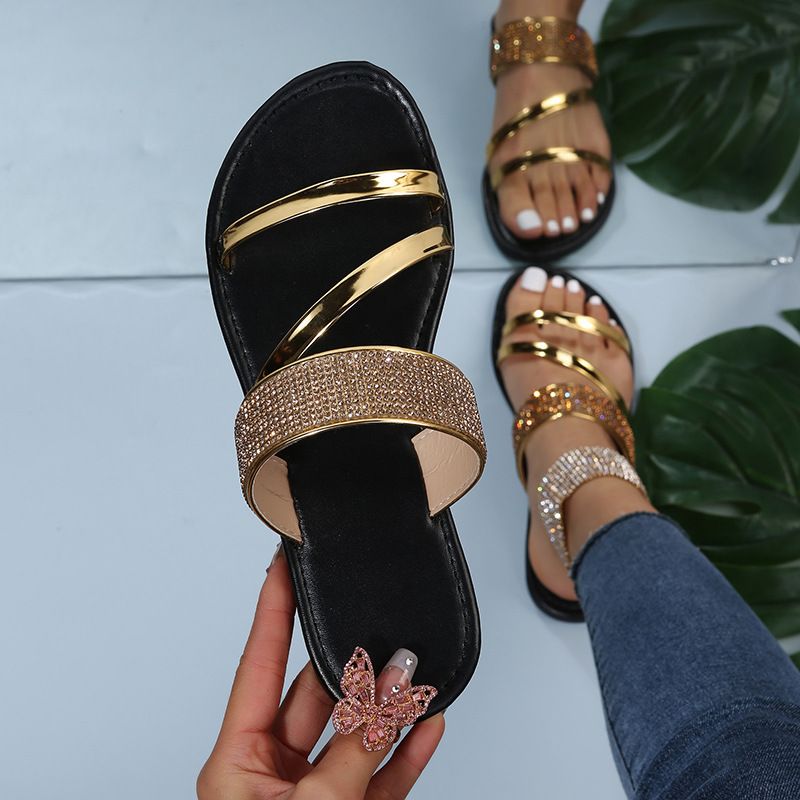 Women's Shoes Large Size Casual Slippers Summer New Round Head Rhinestone Flat Sandals_voghion.com