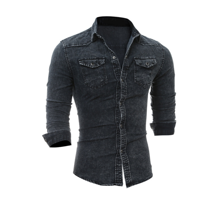 Neu Langarm Stil Jugend Casual Einfarbig Patchwork Denim Shirt männer_voghion.com