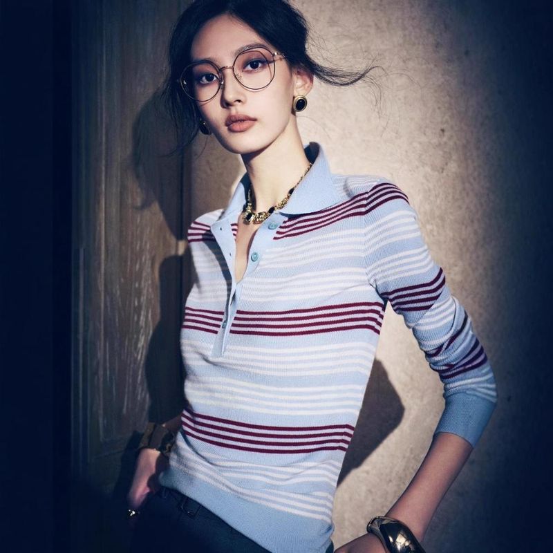 New Autumn Striped Color-Block Turn-Down Collar T-Shirt Wool Top Knitted Women's Sweater POLO_voghion.com